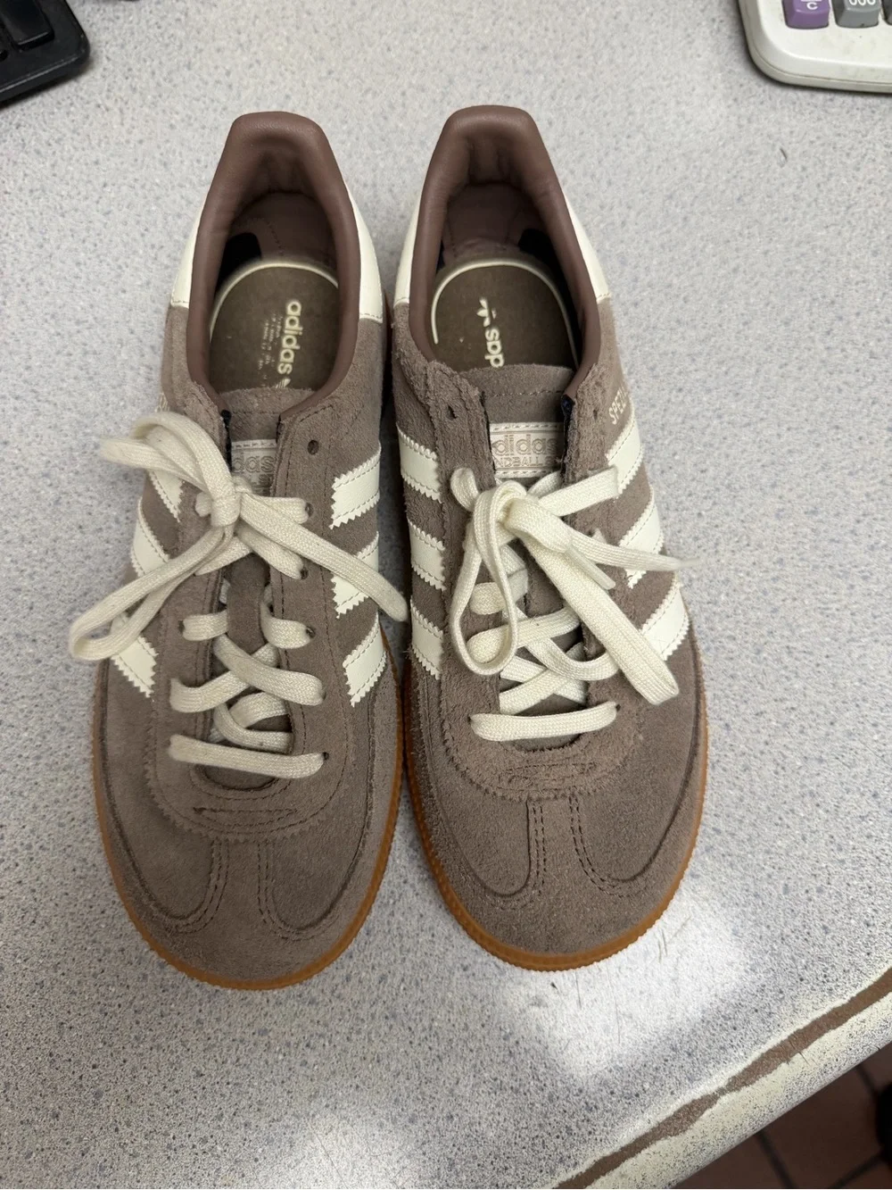 adidas Spezial Men's Suede Sneakers in Taupe and White with Gum Sole